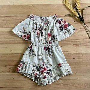 White Amazon floral off shoulder romper